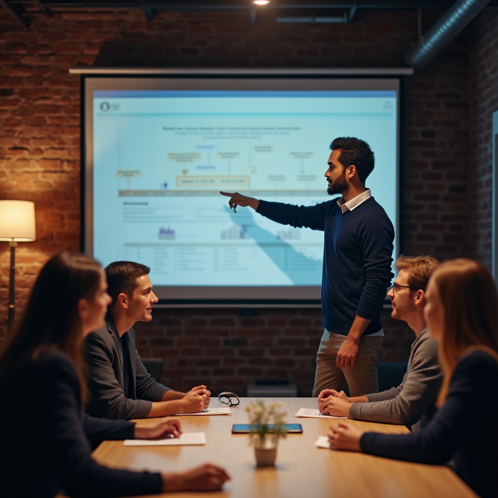 Manager che presenta una roadmap di cambiamento a un piccolo gruppo di persone attente