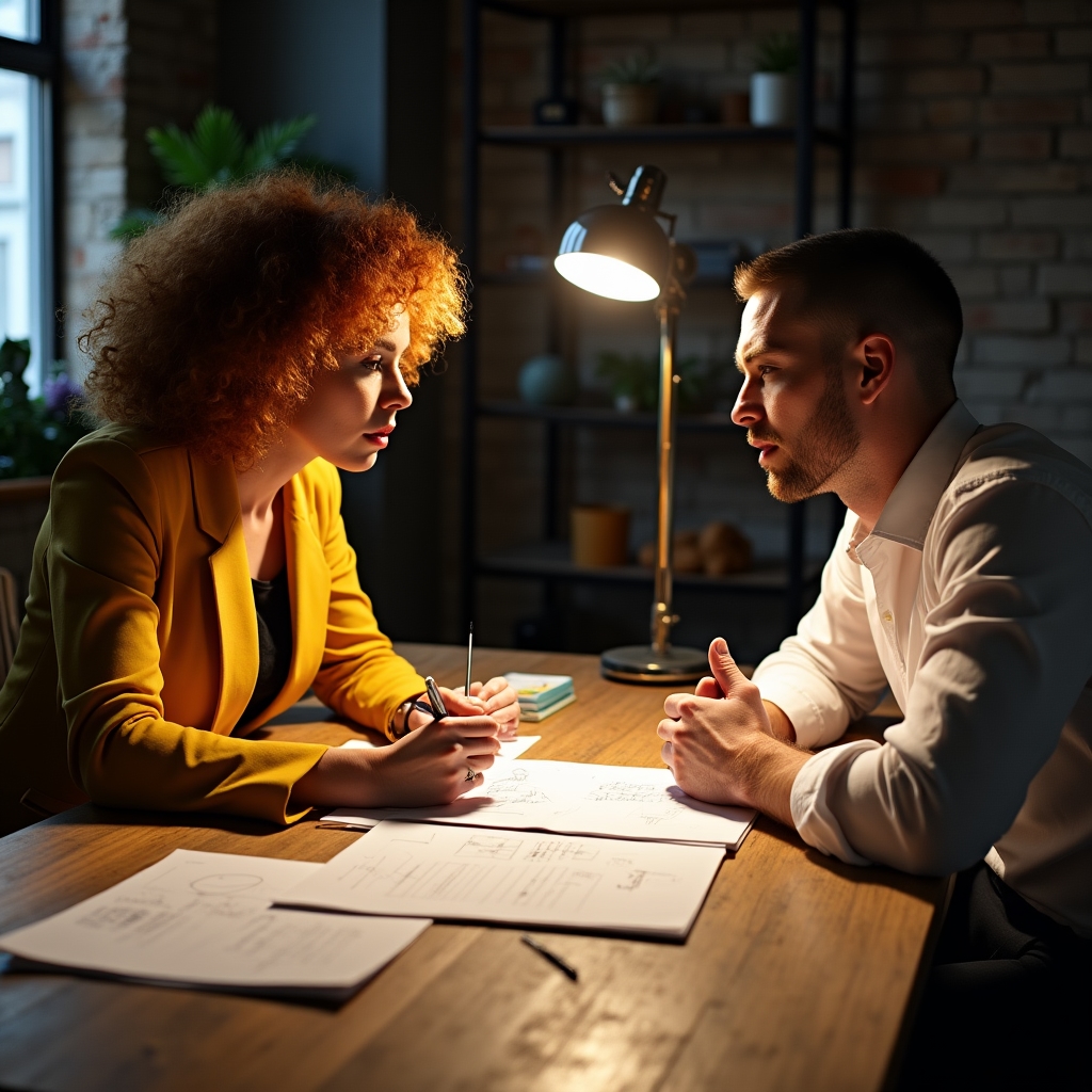 Due professionisti in conversazione approfondita in uno spazio di lavoro industriale ristrutturato